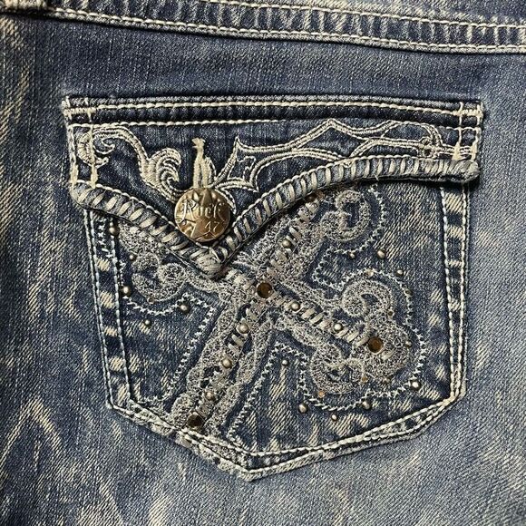 Wrangler Rock 47 Jeans Womens 35x35 Ultra Low Rise Flap Pockets Embroidered - Picture 9 of 12